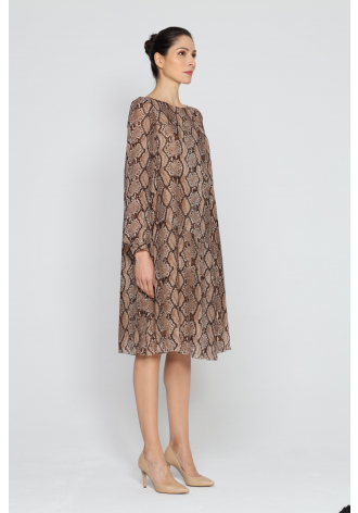 Brown long-sleeved dress with animal printed design