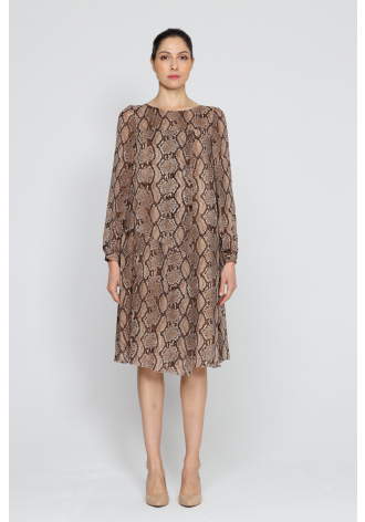 Brown long-sleeved dress with animal printed design