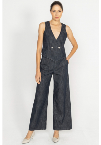  Dark denim trousers with wide legs