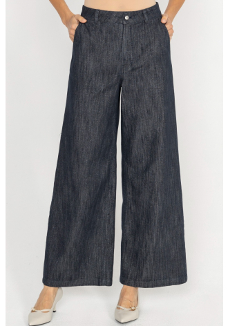  Dark denim trousers with wide legs