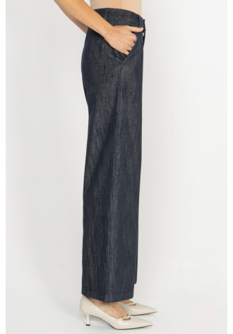  Dark denim trousers with wide legs