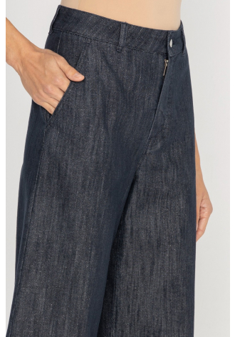  Dark denim trousers with wide legs