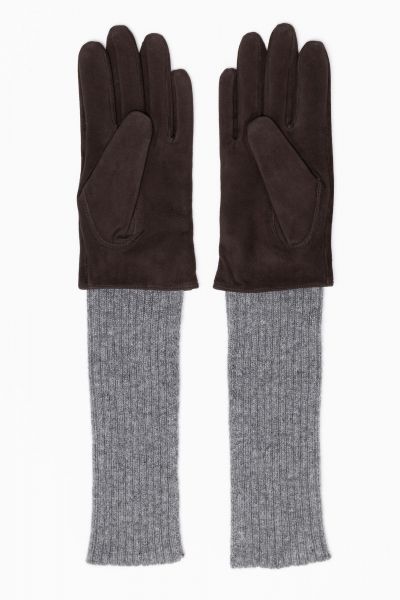 Long leather gloves with knitted cuffs