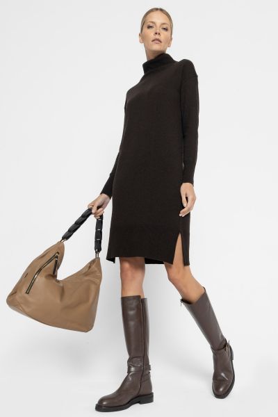 Chocolate-coloured knitted turtleneck dress
