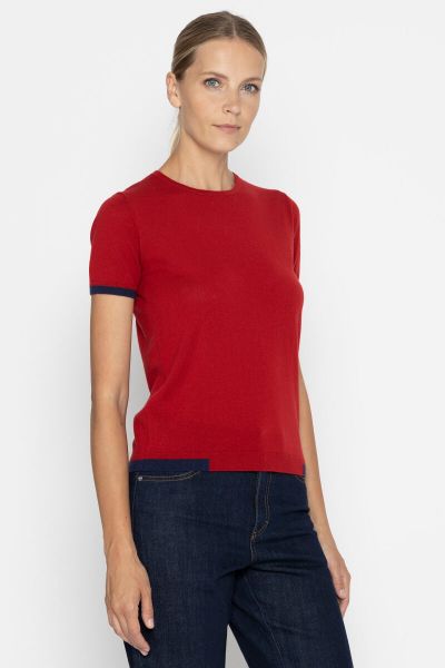 Delicate red short-sleeved sweater with navy blue elements