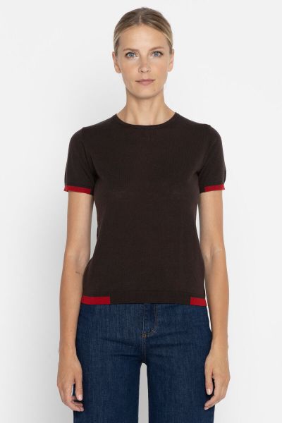 Delicate brown short-sleeved sweater with red elements
