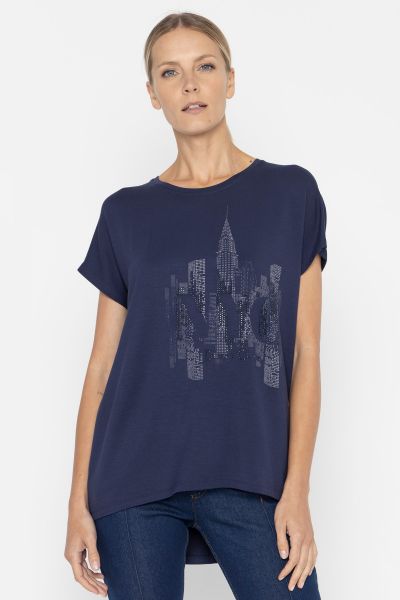 Luźny, granatowy t-shirt z przedłużonym tyłem i kryształową grafiką Nowego Yorku