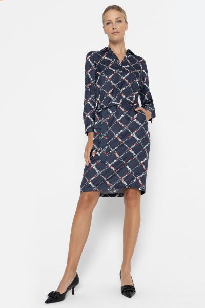 Classic navy blue dress with trendy print and collar