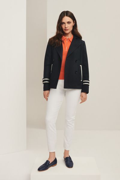Navy blue jacket with white trimming