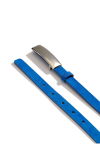 Cobalt blue suede belt with silver buckle