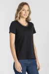 Czarny t-shirt z dekoltem wykończonym złotą nitką