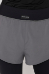 Grey shorts with black leggings