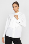 White blouse with a pleat transitioning into a tie 