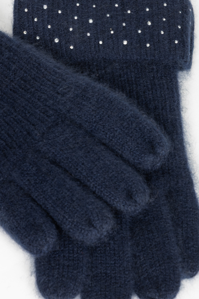 Granatowe rękawiczki z kaszmiru ozdobione kryształkami