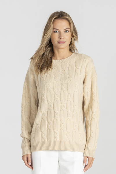 ORO: Beżowy klasyczny sweter z warkoczowym splotem