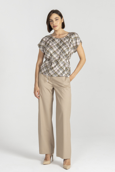 Bluzka w beżowo-brązową kratkę