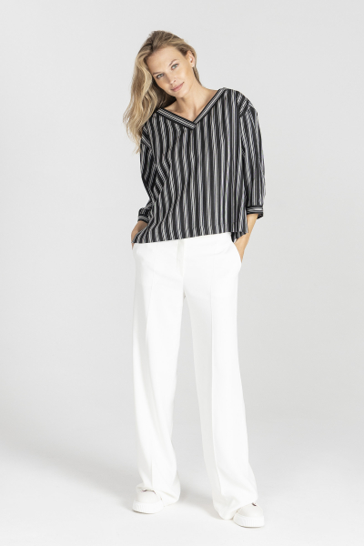 Black blouse with 3/4 length sleeves and white stripes