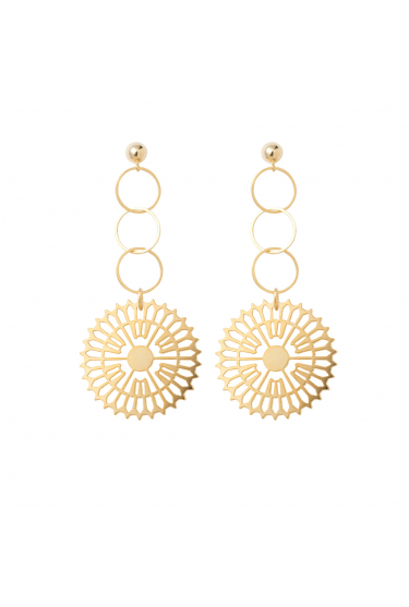 Long gold-plated earrings finished with large decorative circle