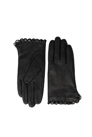 Black leather gloves with decorative trimming