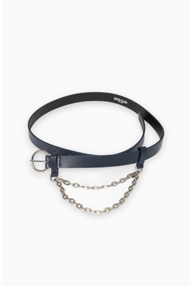 Navy blue narrow leather belt with silver chain