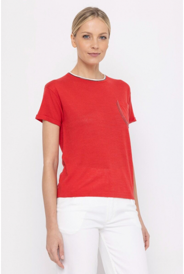  Red short-sleeve sweater with a pocket