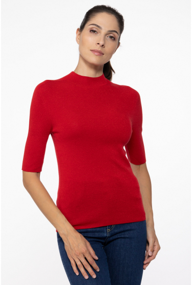 Red mock turtleneck with short sleeves