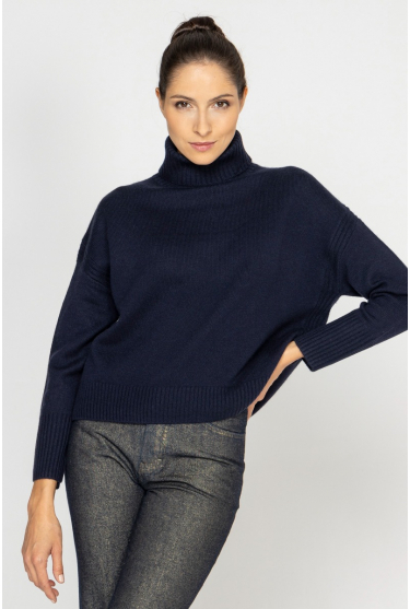  Short navy blue wool and cashmere roll neck