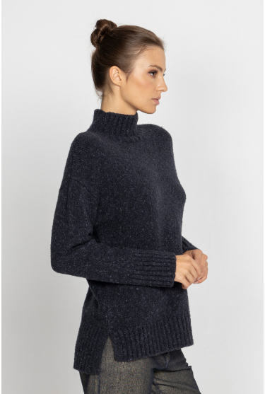 Navy blue mock turtleneck with side slits 