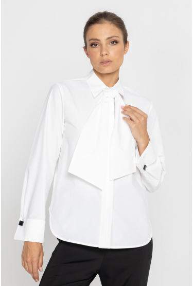 White blouse with a pleat transitioning into a tie 