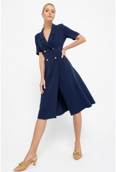 Navy blue envelope dress with decorative buttons