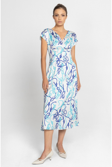 Sukienka z eleganckiego druku w odcieniach szarości, szafiru i błękitu
