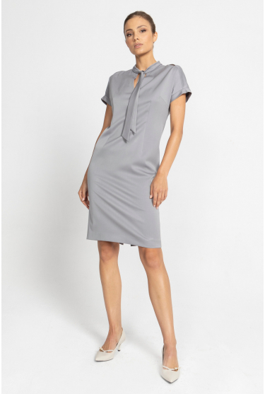 Grey short-sleeved dress with neck tie 