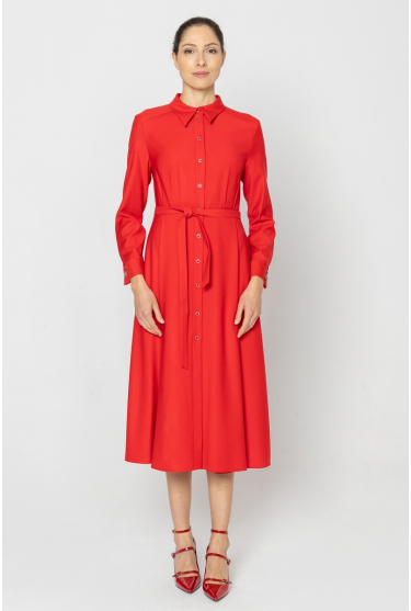 Red shirtdress with waist-enhancing design